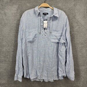 LANDS' END Womens Size 18 Blue and White Striped 100% Linen Popover Top Collared